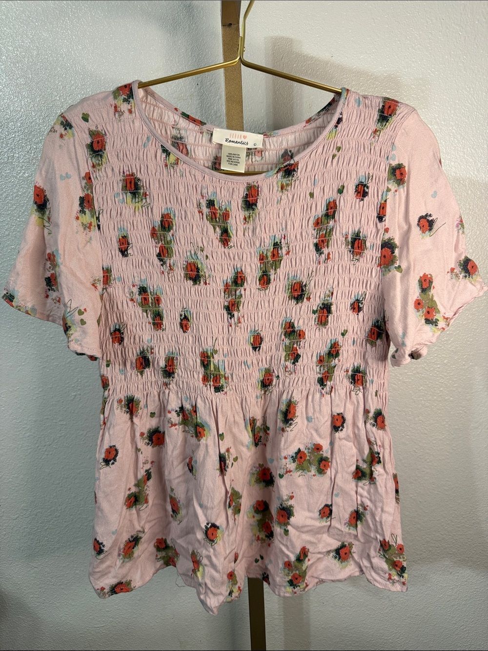 URBAN Romantics Pink Floral Smocked Peplum Top- Large
